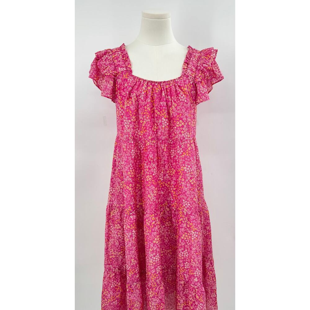 Xirena Cotton Silk Pink Yellow Floral Dress Square Neck Flutter Ruffle Midi S